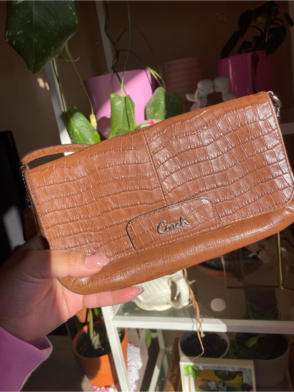Coach Croc-Embossed Leather Wristlet - Cognac Brown